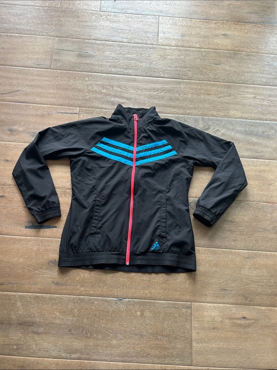 adidas Jackets & Blazers - adidas Black Rain Jacket with Blue Stripes and Pink Zipper